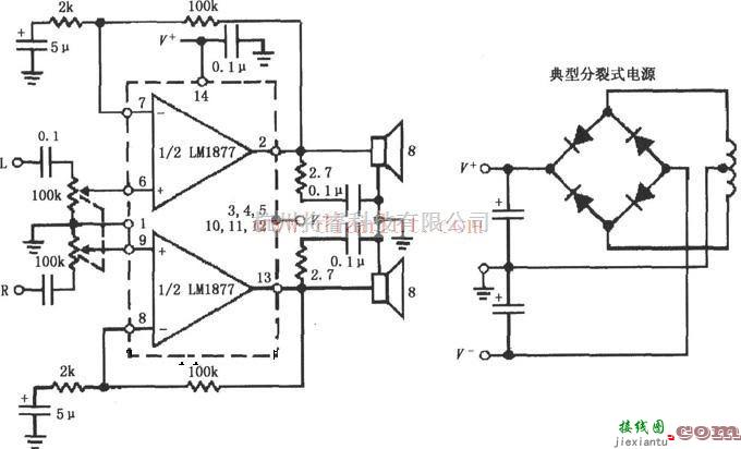 电源电路中的LM1877设计的同相音频功率放大电路图及其说明  第1张