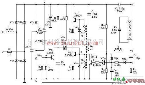 电源电路中的20W荧光灯电子镇流器电路及其工作原理  第1张