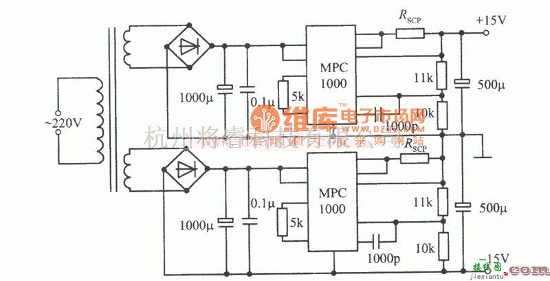 电源电路中的MPC1000构成的±15V、10A对称稳压电源电路及说明  第1张