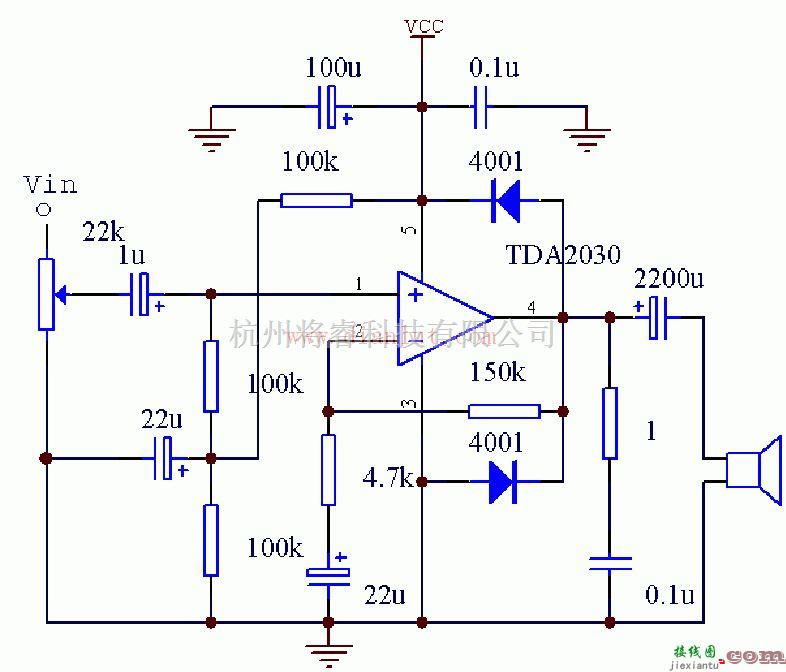 电源电路中的TDA2030的单电源接法电路原理图  第1张