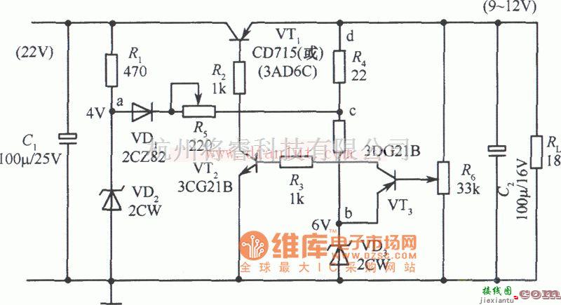 电源电路中的由晶体管构成的简易稳压电源电路图  第1张