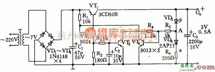 电源电路中的由晶体管构成的简易3V稳压电源电路  第1张