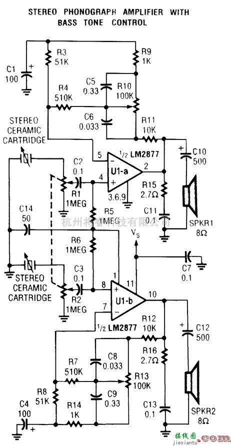 线性放大电路中的低音音调控制的立体声唱机放大器  第1张