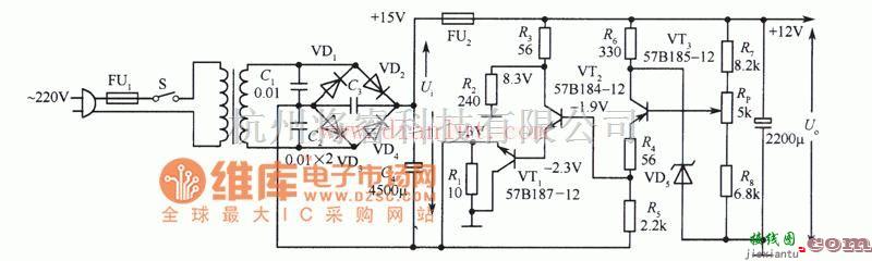 电源电路中的采用桥式整流实现12V集电极输出稳压电源电路  第1张