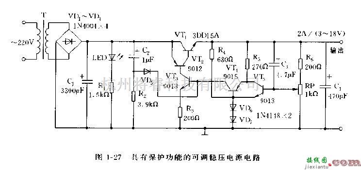 电源电路中的输出电压可调的具有保护功能的稳压电源电路  第1张