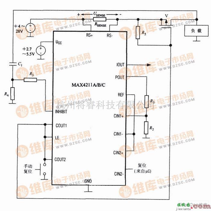 传感器单片系统应用方案中的由MAX4211构成的过功率保护电路图  第1张