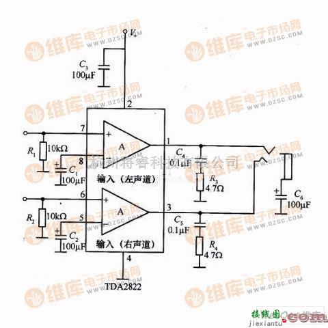 耳机放大中的TDA2822构成立体声耳机应用电路图  第1张