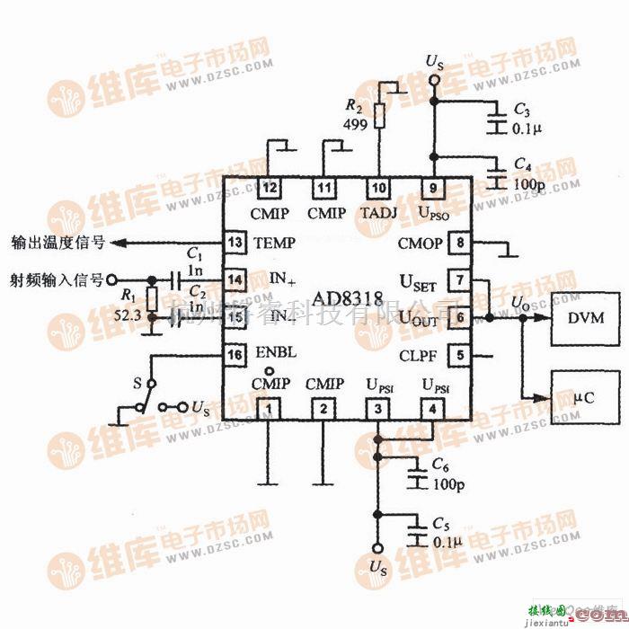 传感器单片系统应用方案中的单片射频功率测量系统AD8318的典型应用电路图  第1张