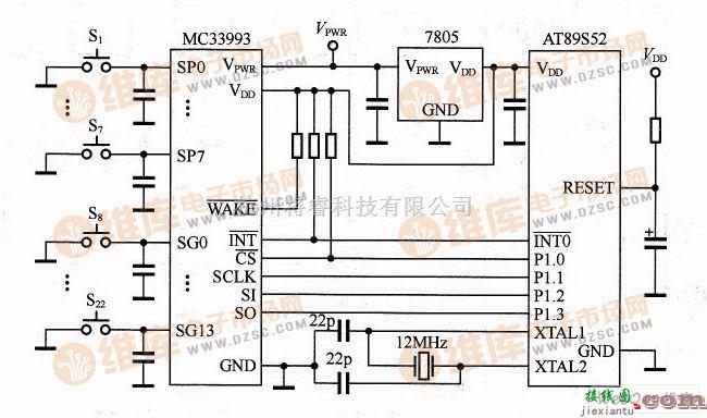 接口电路中的MC33993与AT89S52构成的键盘控制接口电路图  第1张