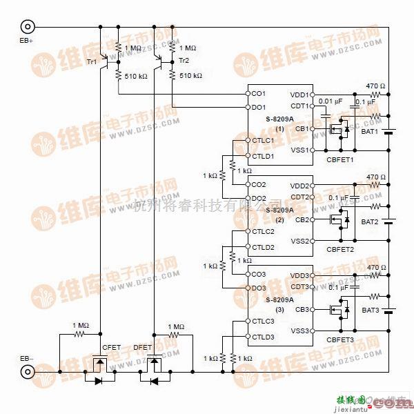 保护电路中的使用S-8209A系列的多节电池串联保护电路图  第1张