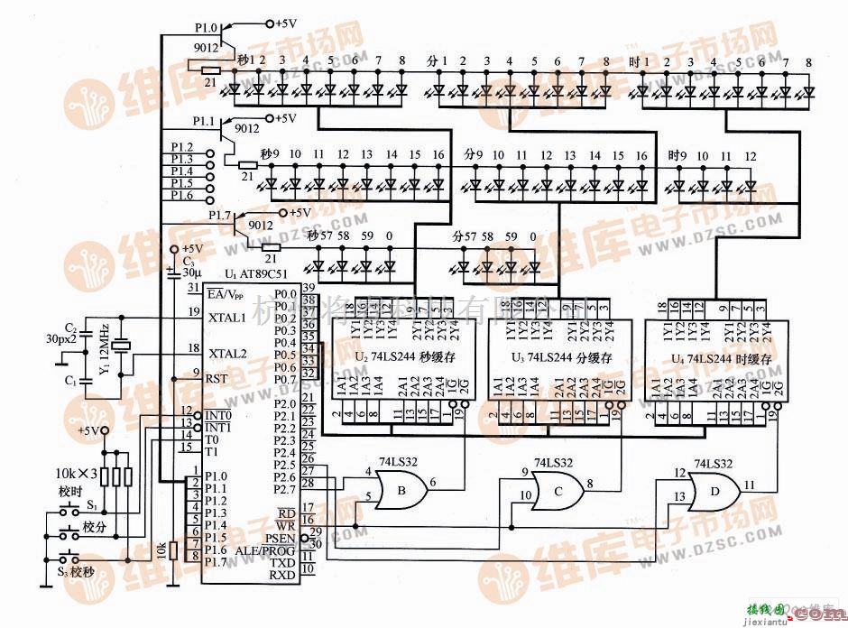 灯光控制中的用LED模拟时、分、秒指针走动的电子钟电路图  第1张