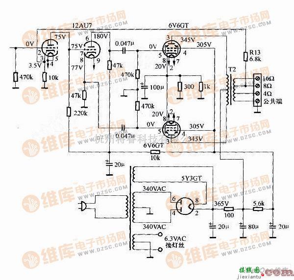 电子管功放中的用6V6GT胆机制作的推挽功率放大器电路图  第1张