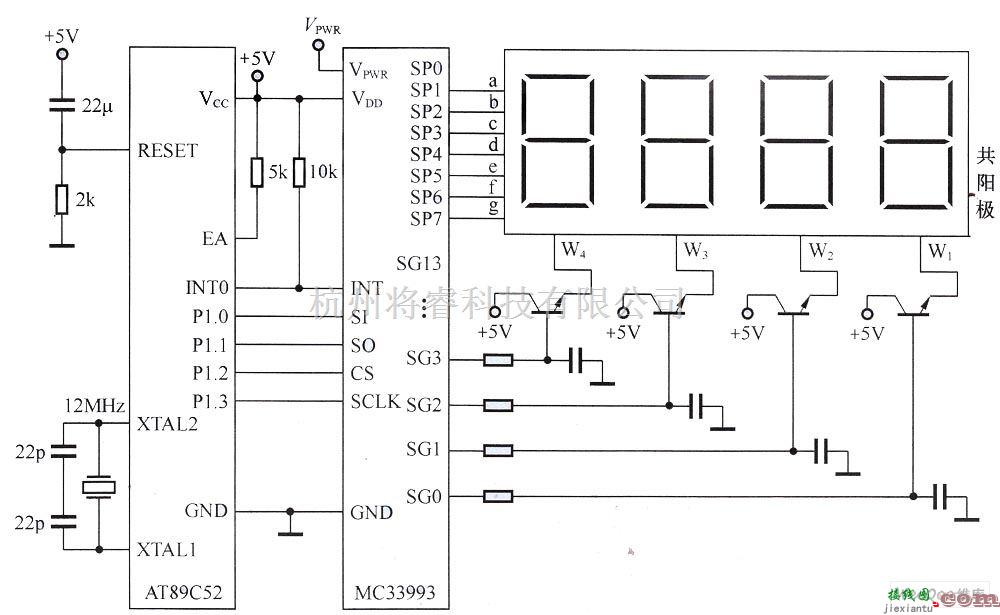 LED电路中的MC33993与AT89C52构成的多位LED显示接口电路  第1张