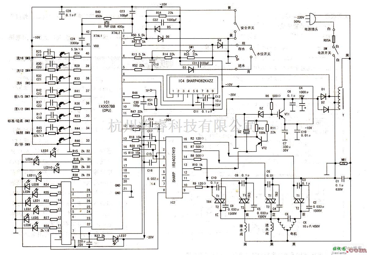 微机单片机中的IX0057BB在水仙牌ES-3C2A全自动洗衣机上的应用电路  第1张