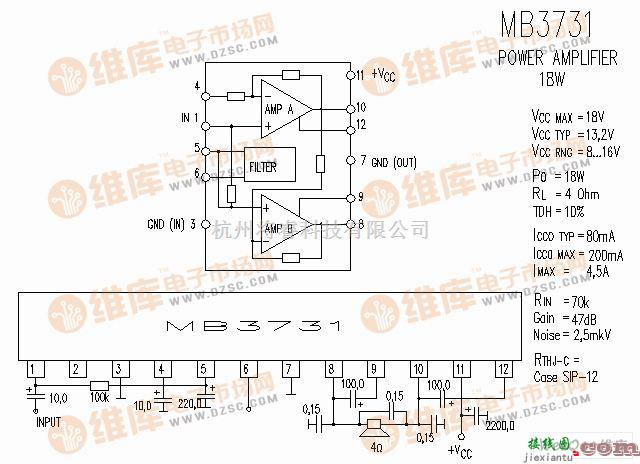 集成音频放大中的MB3731 音响IC电路图  第1张