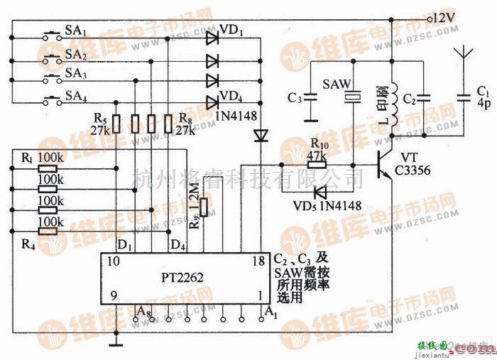遥控发射中的遥控发射组件SB-100ATX电路图  第1张
