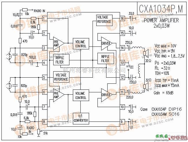 集成音频放大中的CXA1034P-M功放电路图  第1张