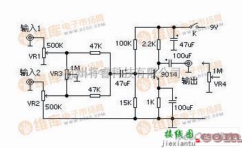 音频处理中的简易两路信号输入的音频混合器电路图  第1张