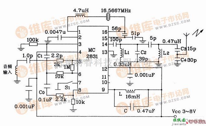 遥控发射中的由MC2831构成的无线电发射典型应用电路图  第1张