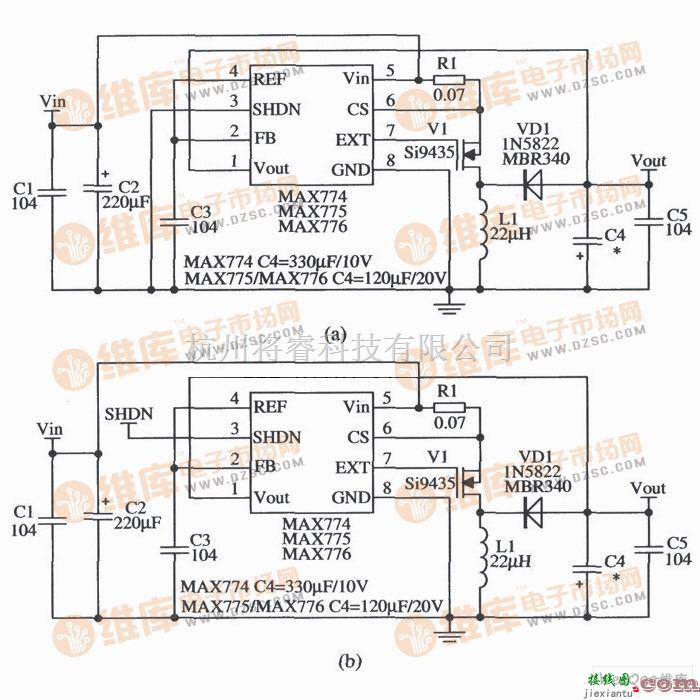 开关稳压电源中的开关集成稳压器MAX774/MAX775/MAX776的典型应用电路图  第1张