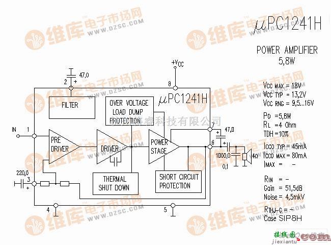 集成音频放大中的μPC1241H 音响IC电路图  第1张