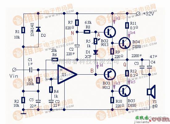 音频电路中的功率放大器输入级使用运放IC的电路图  第1张