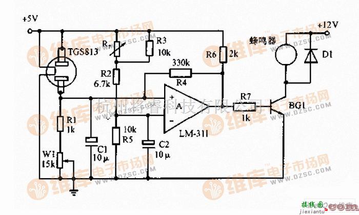 传感器电路中的具有温度补偿的气体报警器电路图  第1张