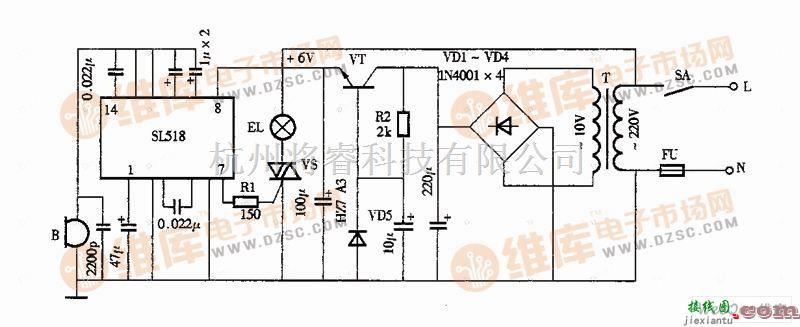 灯光控制中的声控照明灯电路图（SL518）  第1张