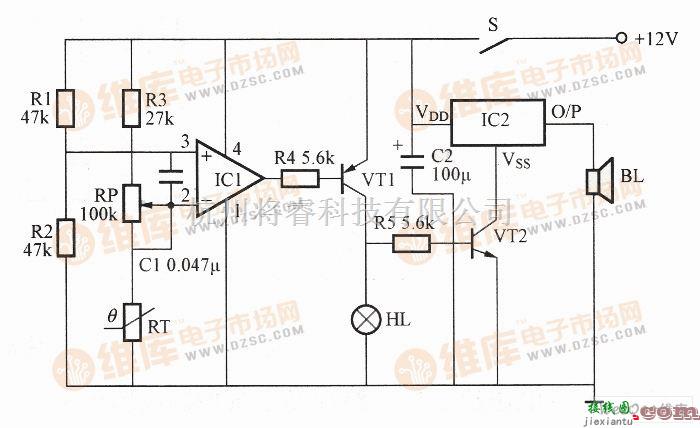 检测电路中的利用KD9562B构成的霜冻监测器电路图  第1张