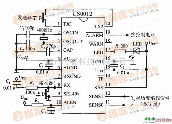 仪器仪表中的基于US0012的超声波干扰探测仪电路图  第1张