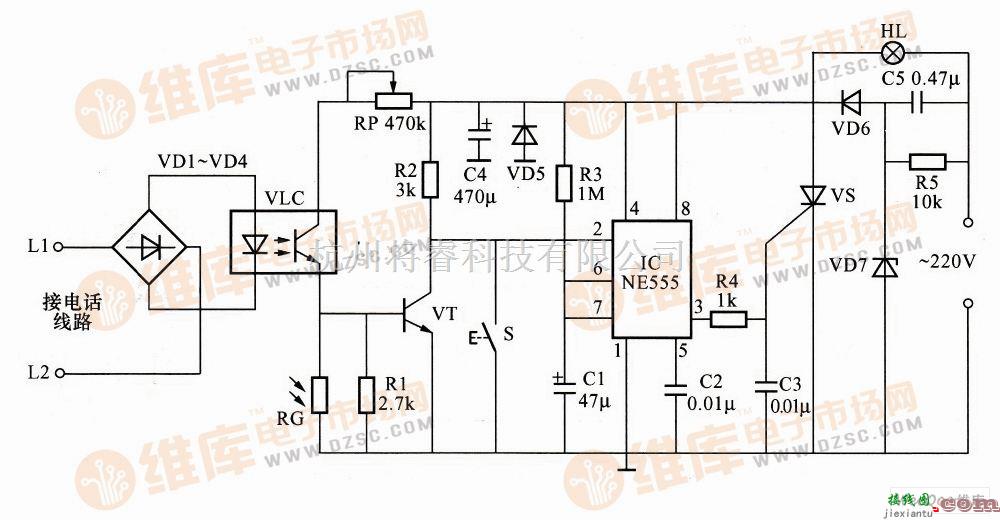 灯光控制中的利用NE555构成的电话自控延时照明控制器电路图  第1张