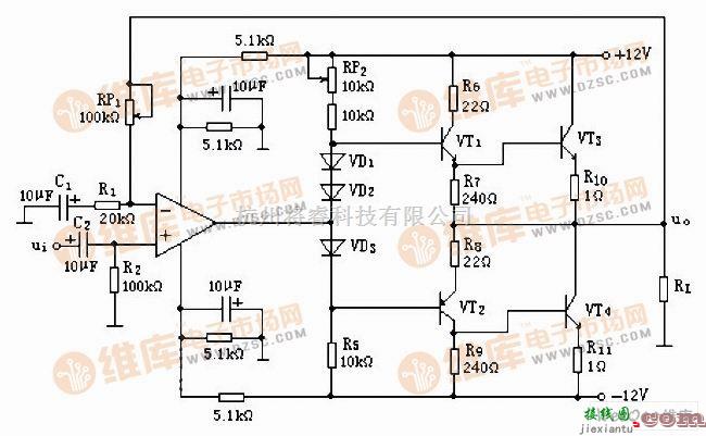 音频电路中的运放推动的OCL准互补功放电路图  第1张