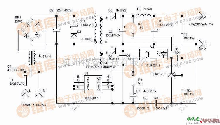 稳压电源中的实用的4W开关型5V直流稳压电源的电路图  第1张