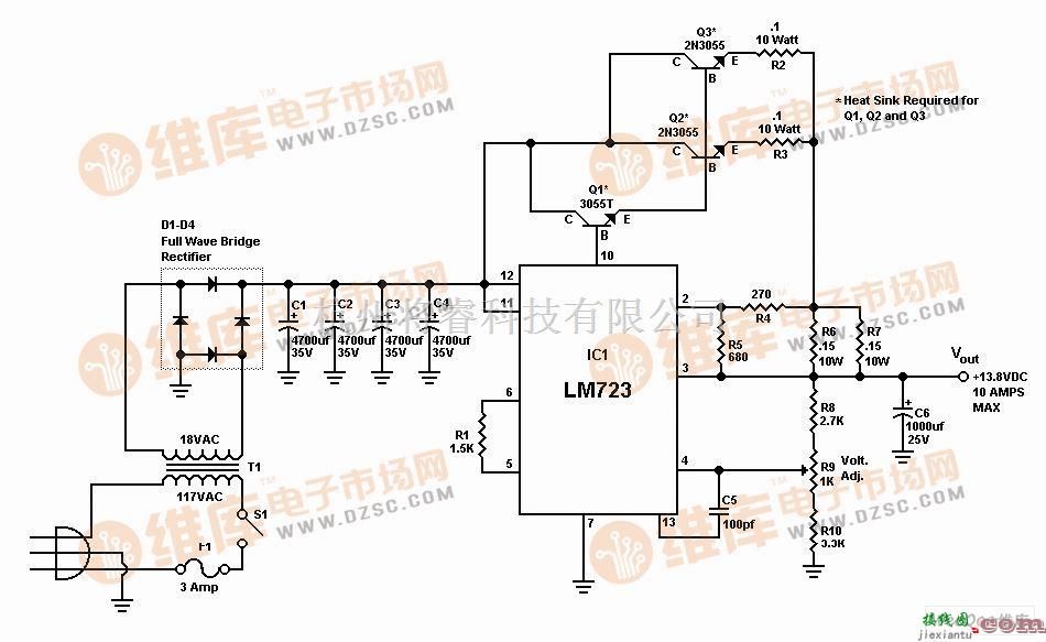 稳压电源中的10A13.8V线性稳压电源电路图  第1张