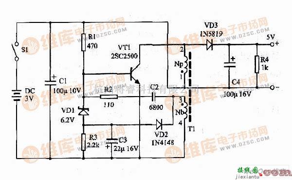 充电电路中的制作5号电池供电的手机应急充电器图  第1张