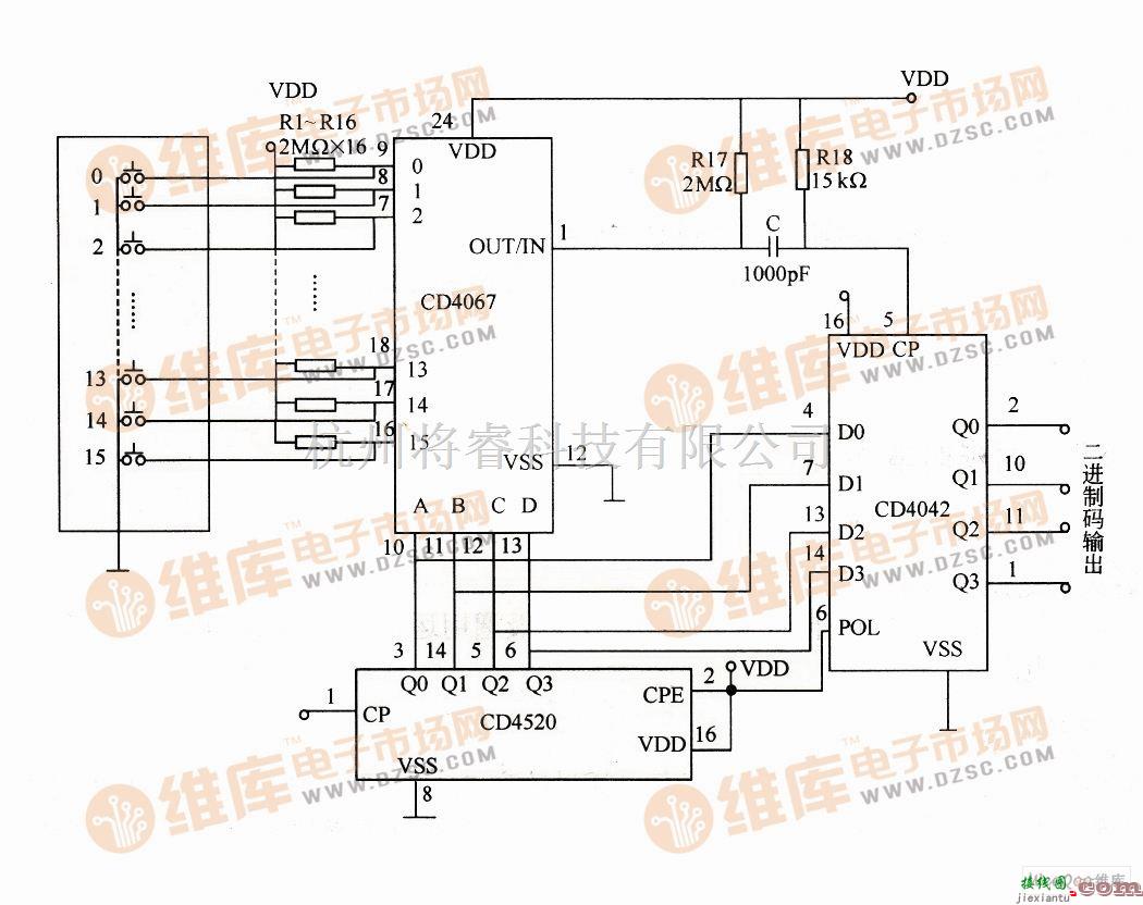 数字电路中的16进制输入键盘电路图  第1张