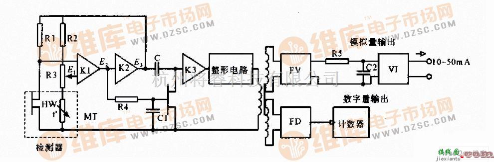 传感器电路中的旋涡式流量计的放大电路与转换电路图  第1张