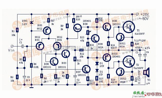 音频电路中的使用大功率达林顿管的实用功率放大器电路图  第1张