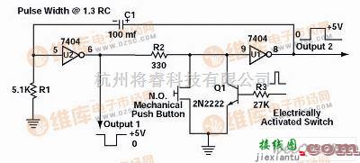 多谐振荡产生中的无弹跳开关/单稳态多谐振荡器电路图  第1张