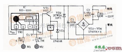 开关电路中的采用一音乐门铃芯片KD-9300制作而成的触摸开关电路  第1张