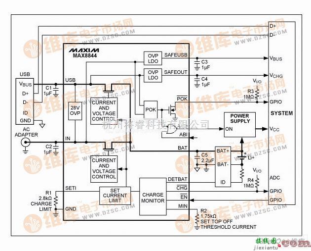 充电电路中的利用USB和适配器供电的充电器电路图  第1张