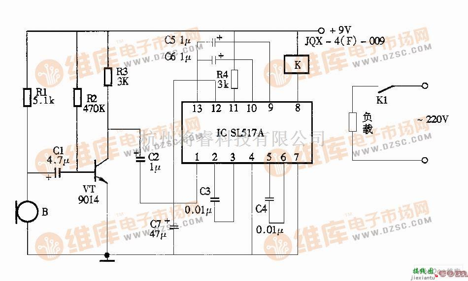 灯光控制中的声控照明灯电路图（SL517）  第1张