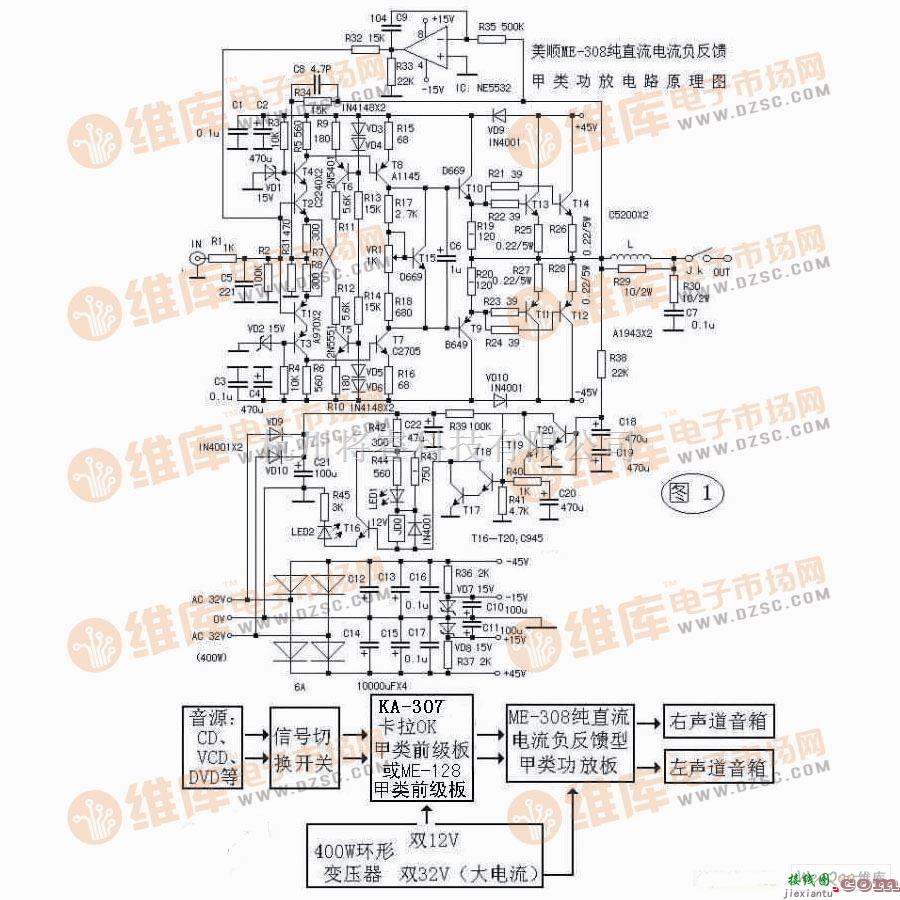 音频处理中的ME-308纯直流电流负反馈型甲类功放电路图  第1张