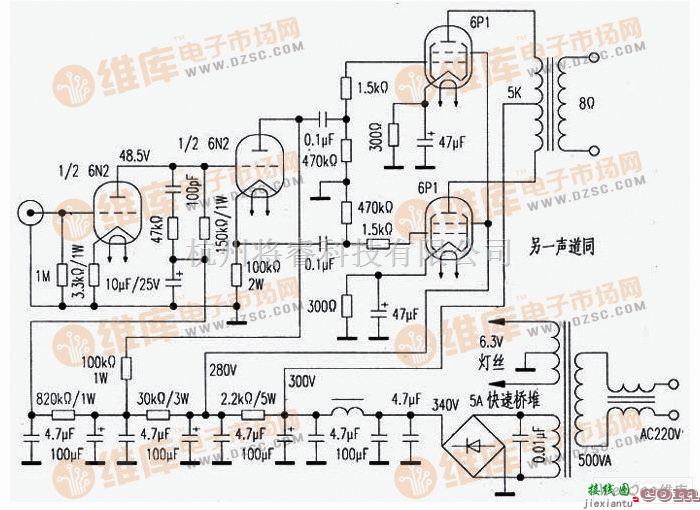 音频电路中的制作6N2+6P1胆机功放电路图  第1张