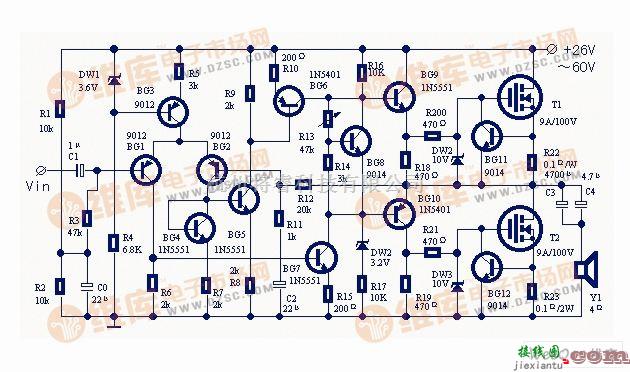 音频电路中的使用大功率场效应管的实用功率放大器电路图  第1张