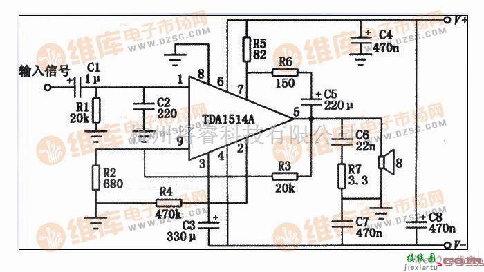 集成音频放大中的基于TDA1514A高保真功放典型应用电路图  第1张