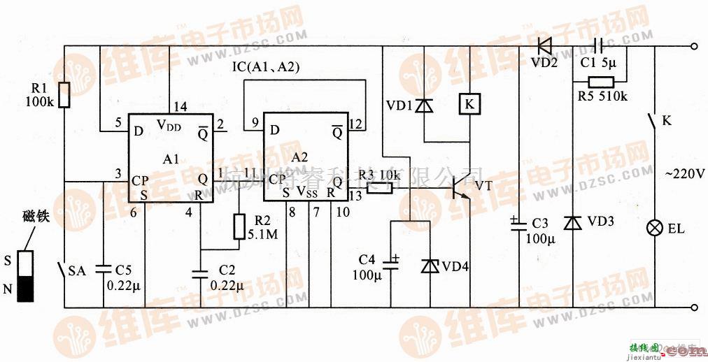 灯光控制中的基于CC4013构成的门控照明控制器电路图  第1张