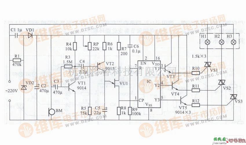 灯光控制中的基于MC1452的声控变色彩灯控制器电路图  第1张