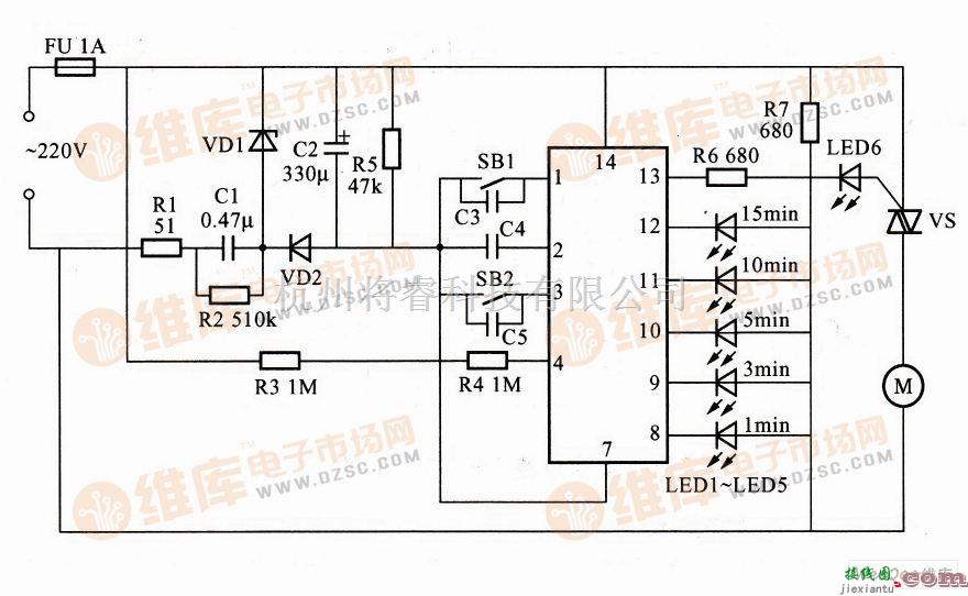 定时控制中的利用YH5552构成的健身摇摆器专用电子定时器电路图  第1张