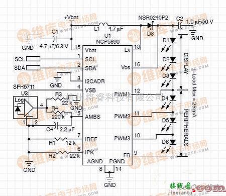 LED电路中的基于NCP5890的多个白光LED应用电路图  第1张